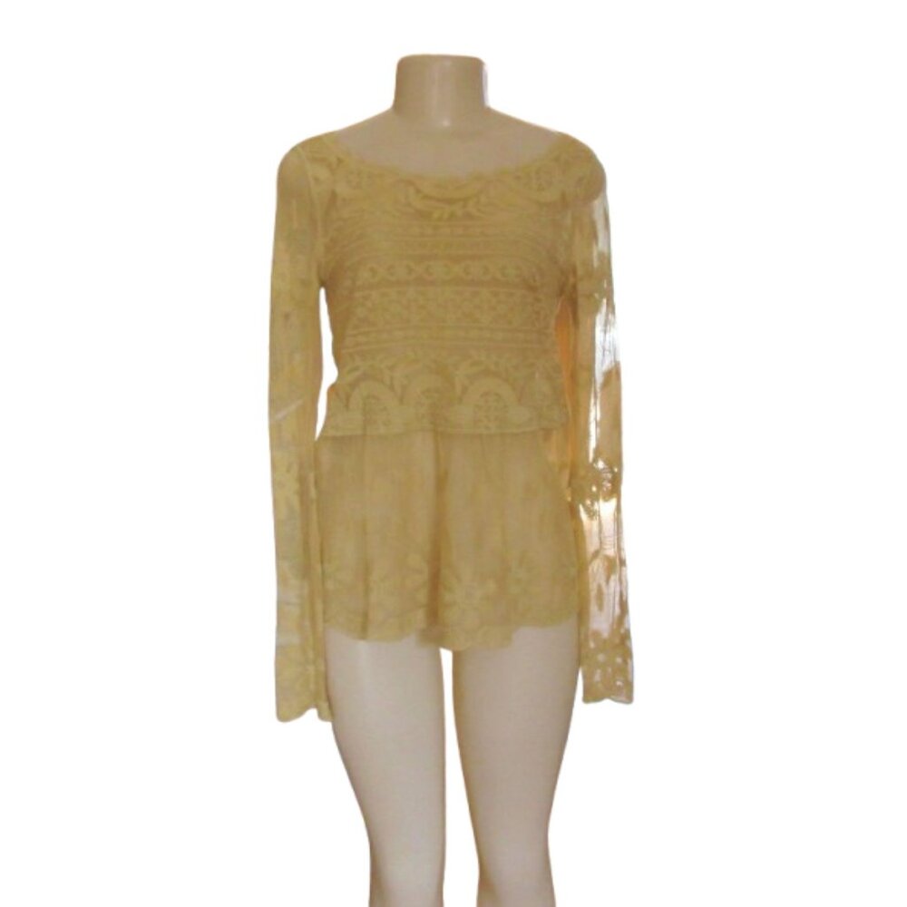 Sundance Yellow Sheer Lace Peplum Top XS Rayon/Spandex